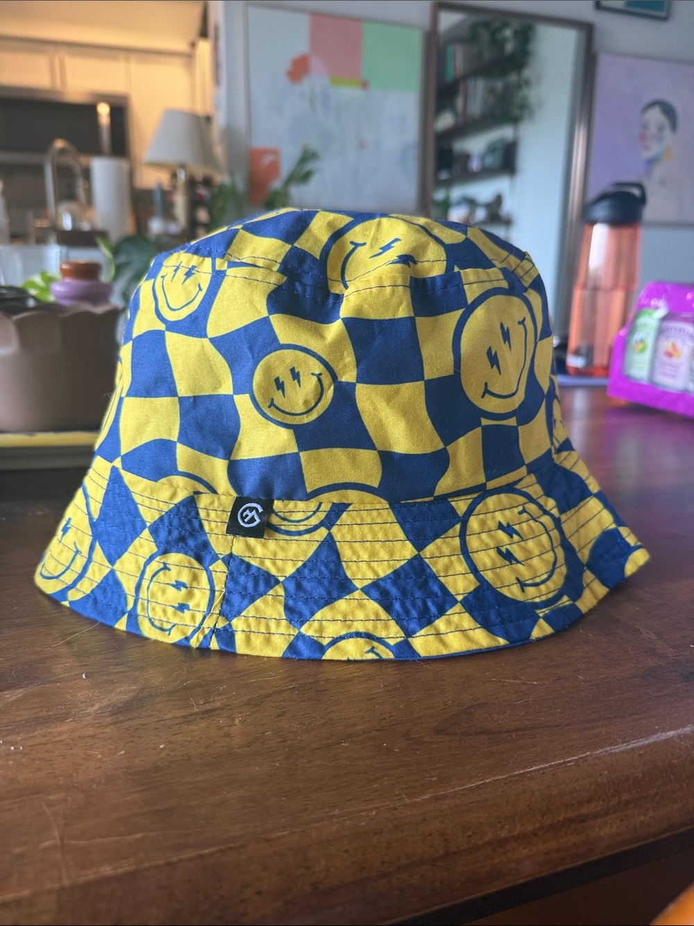 Yellow & Blue Trippy Checker Smile Bucket Hat